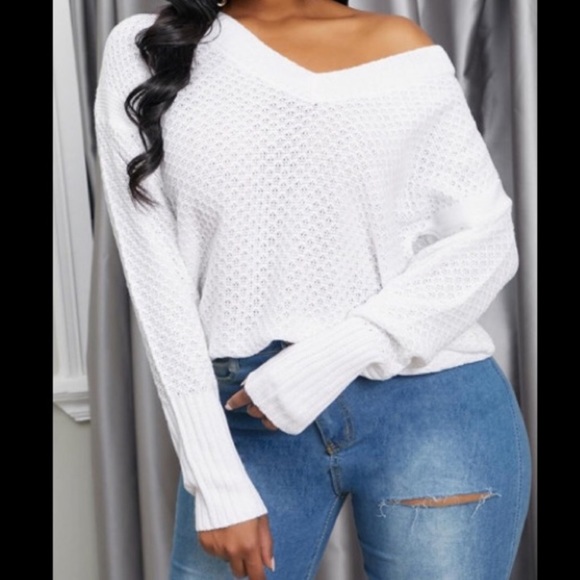 Unique Waffle Pattern Deep V Neck Soft Wool Long Sleeve White Shirt/Sweater - Picture 2 of 9